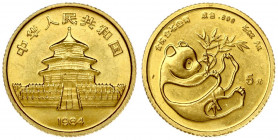 China 5 Yuan 1984 Obverse: Temple of Heaven; date below. Reverse: Panda holding bamboo branch; reclined; denomination at right. Gold 1.55g. Fineness: ...