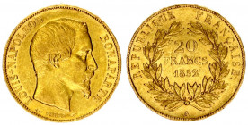 France 20 Francs 1852A Napoleon III(1852-1870). Obverse: Head right. Obverse Legend: LOUIS-NAPOLEON BONAPARTE. Reverse: Denomination within wreath. Re...