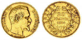 France 20 Francs 1854A Napoleon III(1852-1870). Obverse: Head right. Obverse Legend: NAPOLEON III EMPEREUR. Reverse: Denomination within wreath. Rever...