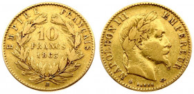 France 10 Francs 1863BB Napoleon III(1852-1870). Obverse: Laureate head right. Reverse: Denomination within wreath. Gold 3.17g. Small Scratches. KM 80...