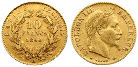France 10 Francs 1866A Napoleon III(1852-1870). Obverse: Laureate head right. Obverse Legend: NAPOLEON III EMPEREUR. Reverse: Denomination within wrea...