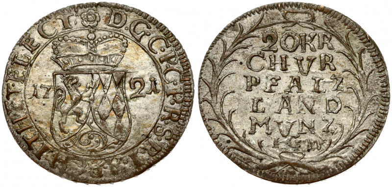 Germany Pfalz 20 Kreuzer 1721 IGW Karl III Philipp (1716-1742). Obverse: Crowned...