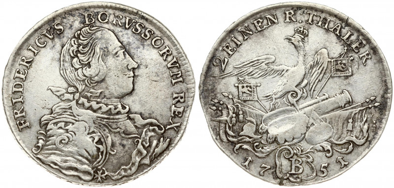 Germany PRUSSIA 1/2 Thaler 1751 B Friedrich II(1740-1786). Obverse: Large armore...