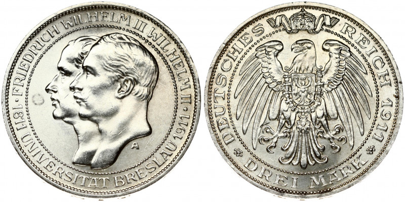 Germany PRUSSIA 3 Mark 1911A Breslau University. Wilhelm II(1888-1918). Obverse:...