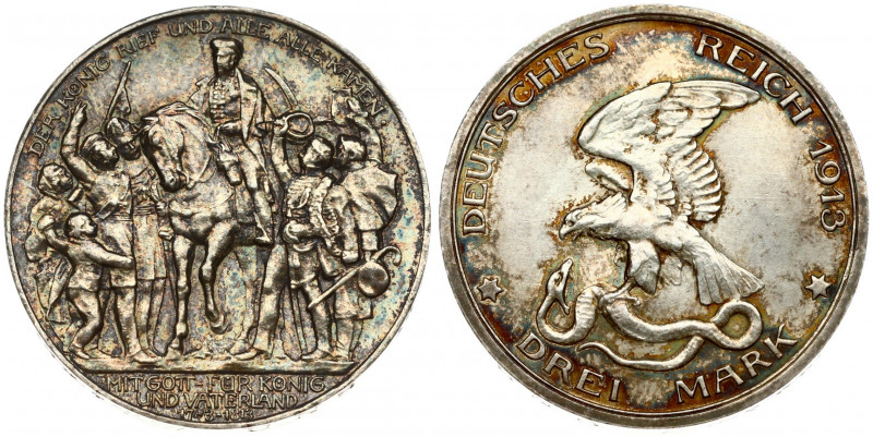 Germany Prussia 3 Mark 1913 A 100 Years - Defeat of Napoleon. Wilhelm II(1888-19...