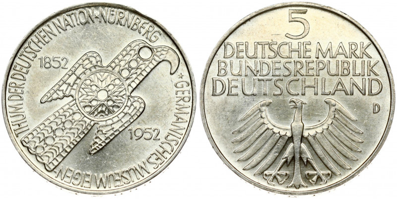 Germany Federal Republic 5 Mark 1952D Centenary - Nürnberg Museum. Obverse: Eagl...