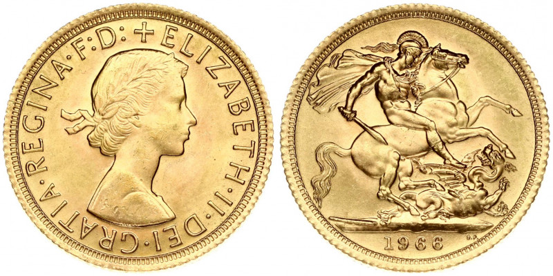 Great Britain 1 Sovereign 1966 Elizabeth II(1952-). Obverse: Laureate bust right...