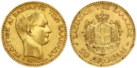 Greece 20 Drachmai 1876 A George I (1863-1913). Obverse: Young head right. Reverse: Arms within crowned mantle. Gold. KM 49