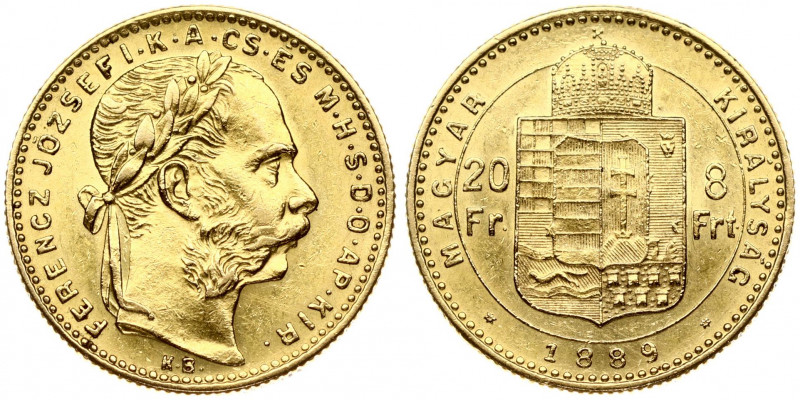 Hungary 8 Forint 20 Francs 1889KB Franz Joseph I(1848-1916). Obverse: Laureate h...