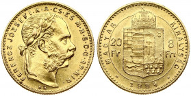 Hungary 8 Forint 20 Francs 1889KB Franz Joseph I(1848-1916). Obverse: Laureate head; right. Reverse: Crowned shield divides value within circle; date ...