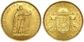 Hungary 20 Korona 1892KB Franz Joseph I(1848-1916). Obverse: Emperor standing. Reverse: Crowned shield with angel supporters. Gold 6.77g. Small Scratc...