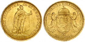 Hungary 20 Korona 1893KB Franz Joseph I(1848-1916). Obverse: Emperor standing. Reverse: Crowned shield with angel supporters. Gold 6.77g. Small Scratc...
