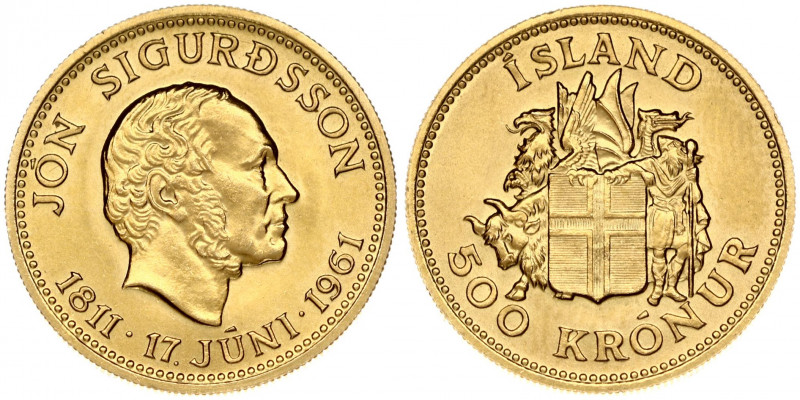 Iceland 500 Krónur 1961 Jon Sigurdsson Sesquicentennial. Obverse: Arms with supp...