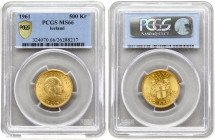 Iceland 500 Kronur 1966 Jon Sigurdsson Sesquicentennial. Obverse: Arms with supporters. Reverse: Head right. Gold 8.96g. KM 14. PCGS MS66