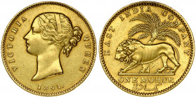 India-British 1 Mohur 1841 Victoria(1837-1901). Obverse: Head left; dot on truncation. Obverse Legend: VICTORIA QUEEN. Reverse: Palm tree; lion walkin...
