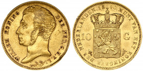 Netherlands 10 Gulden 1840 William I(1815-1840). Obverse: Head left. Obverse Legend: WILLEM KONING - DER NED. G.H.V.L. Reverse: Crowned arms divides v...