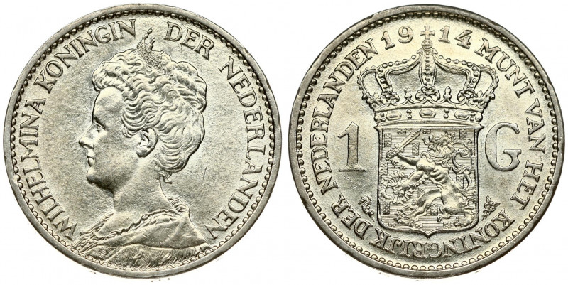 Netherlands 1 Gulden 1914 Wilhelmina I(1890–1948). Obverse: Head left. Reverse: ...