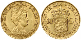 Netherlands 10 Gulden 1917 Wilhelmina I(1890-1948). Obverse: Head right. Reverse: Crowned arms divide value. Edge Description: Reeded. Gold. Small Scr...
