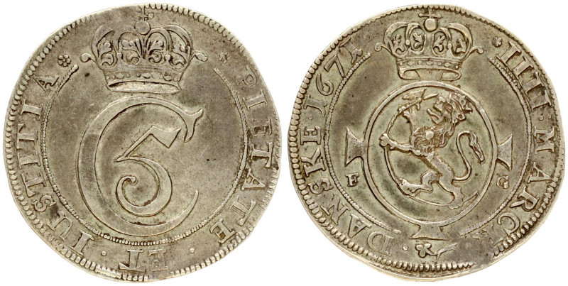 Norway 4 Mark 1671 FG Christian V (1670-1699). Obverse: Crowned momogram of king...