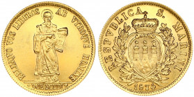 San Marino 2 Scudi 1974 Obverse: Crowned pointed shield within wreath. Reverse: Standing figure facing. Fineness: 0.917. Gold 5.99g. KM 39