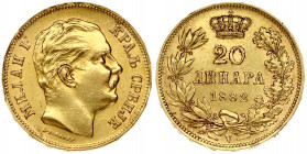 Serbia 20 Dinara 1882V Milan I(1882-1889). Obverse: Head right. Obverse Legend: Short title. Reverse: Value; date within crowned wreath. Edge Letterin...