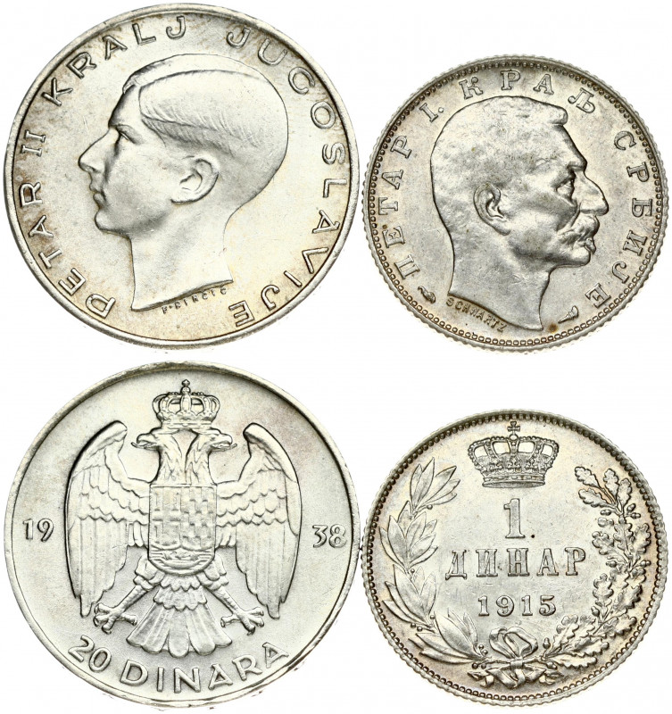 Serbia & Yugoslavia 1 Dinar 1915 & 20 Dinara 1938. Obverse: Head right with desi...