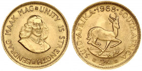 South Africa 2 Rand 1968 Obverse: Springbok. Reverse: Bust of Jan van Riebeeck 1/4 right. Gold 7.99g.(Mintage 10 000). KM 64