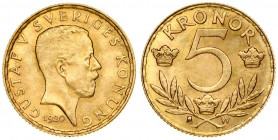 Sweden 5 Kronor 1920 W Gustaf V(1907-1950 ). Obverse: Head right. Reverse: Value and crowns above sprigs. Gold 2.23g. KM 797
