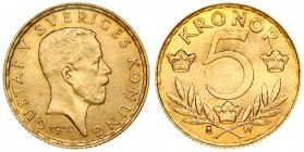 Sweden 5 Kronor 1920 W Gustaf V(1907-1950 ). Obverse: Head right. Reverse: Value and crowns above sprigs. Gold 2.24g. KM 797