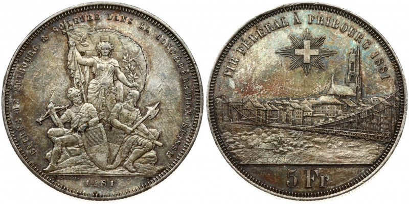 Switzerland 5 Francs 1881 Fribourg Shooting Festival. Obverse: Arms; city view; ...