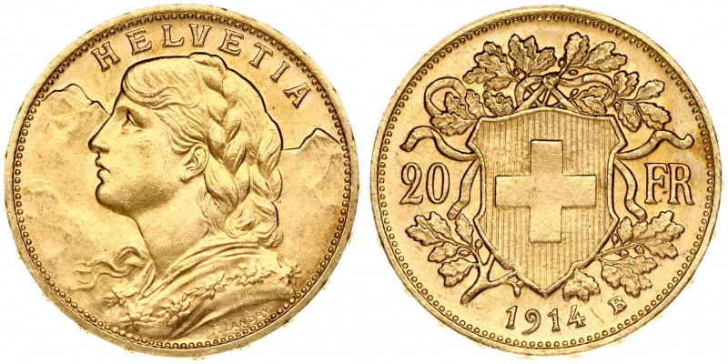 Switzerland 20 Francs 1914B Obverse: Young head left. Obverse Legend: HELVETIA. ...