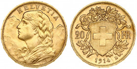 Switzerland 20 Francs 1914B Obverse: Young head left. Obverse Legend: HELVETIA. Reverse: Shield within oak branches divides value. Gold 6.44g. Scratch...