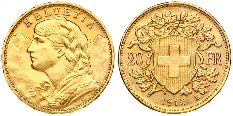 Switzerland 20 Francs 1915B Obverse: Young head left. Obverse Legend: HELVETIA. ...