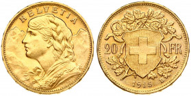 Switzerland 20 Francs 1915B Obverse: Young head left. Obverse Legend: HELVETIA. Reverse: Shield within oak branches divides value. Gold 6.45g. KM 35.1