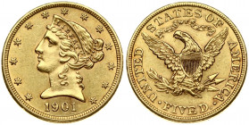 USA 5 Dollars 1901 Liberty / Coronet Head - Half Eagle With motto' Philadelphia. Obverse: The bust of Liberty with the date below. Lettering: * * * * ...