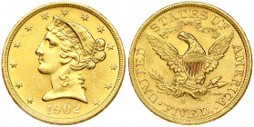 USA 5 Dollars 1902 S 'Liberty / Coronet Head - Half Eagle' With motto. San Francisco. Obverse: Bust of Liberty with the date below. Lettering: * * * *...
