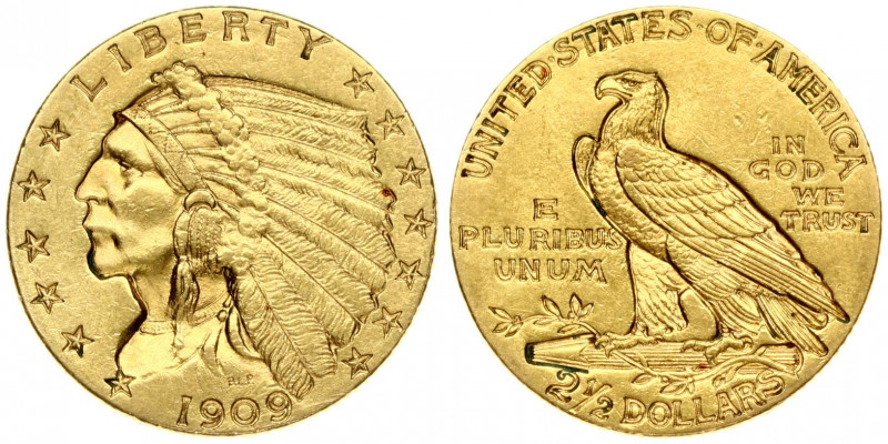 USA 2½ Dollars 1909 'Indian Head - Quarter Eagle'. Obverse: Indian head capped w...