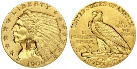 USA 2½ Dollars 1909 'Indian Head - Quarter Eagle'. Obverse: Indian head capped with a war hat with Union stars around the rim and the date at the bott...