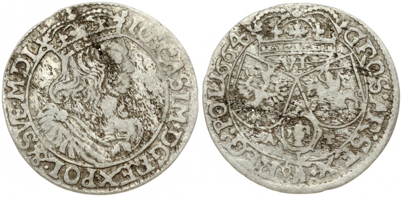 Poland 6 Groszy 1664 AT John II Casimir Vasa (1649–1668). Obverse: Large crowned...