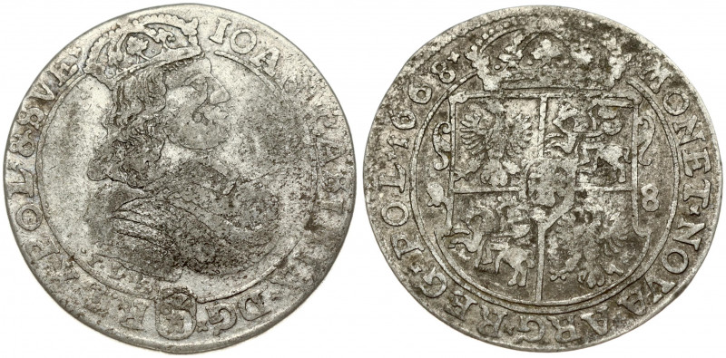 Poland 18 Groszy 1668 TLB John II Casimir Vasa (1649–1668). Obverse: Crowned por...