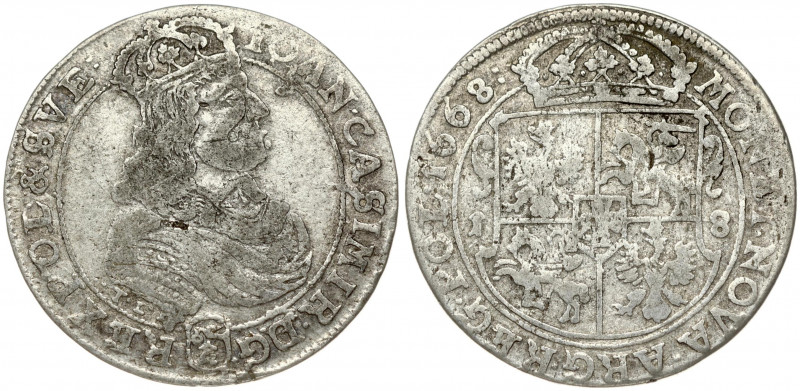 Poland 18 Groszy 1668 TLB John II Casimir Vasa (1649–1668). Obverse: Crowned por...