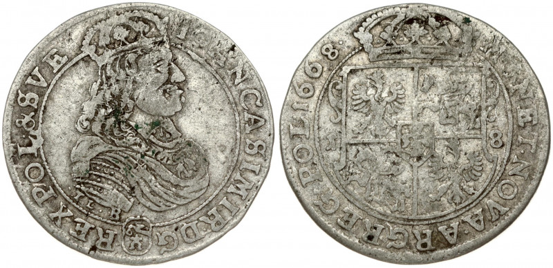 Poland 18 Groszy 1668 TLB John II Casimir Vasa (1649–1668). Obverse: Crowned por...