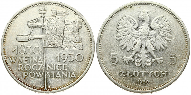 Poland 5 Zlotych 1930(w) Centennial of 1830 Revolution. Obverse: Crowned eagle w...