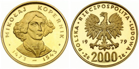 Poland 2000 Zlotych 1979MW Obverse: Eagle with wings open divides date. Reverse: Head of Mikolaj Kopernik 1/4 right. Gold 8.05g. Y 106