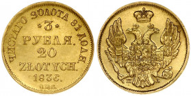 Russia 3 Roubles - 20 Zlotych 1836 СПБ-ПД St. Petersburg. Nicholas I (1826-1855). Obverse: Shield within wreath on breast; 3 shields in wings. Reverse...
