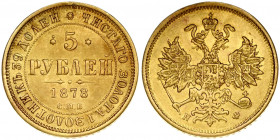 Russia 5 Roubles 1878 СПБ-НФ St. Petersburg. Alexander II (1854-1881). Obverse: Crowned double imperial eagle. Reverse: Value text and date within cir...