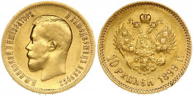 Russia 10 Roubles 1899 (АГ) St. Petersburg. Nicholas II (1894-1917). Obverse: Head right. Reverse: Crowned double imperial eagle ribbons on crown. Gol...