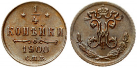 Russia 1/4 Kopeck 1900 СПБ St. Petersburg. Nicholas II (1894-1917). Obverse: Crowned monogram above sprays. Reverse: Value and date. Copper. Edge ribb...