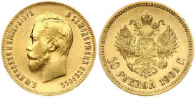 Russia 10 Roubles 1901 (АР) St. Petersburg. Nicholas II (1894-1917). Obverse: Head right. Reverse: Crowned double imperial eagle ribbons on crown. Gol...