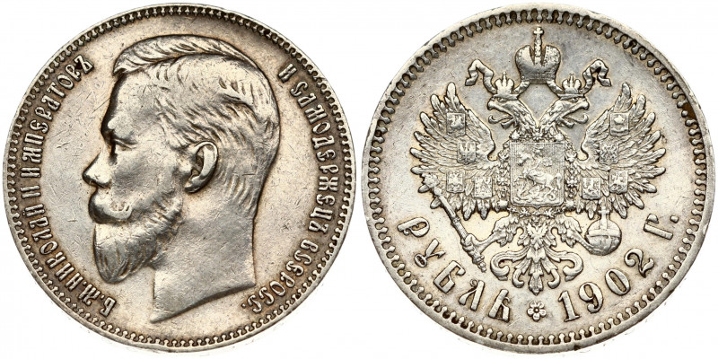 Russia 1 Rouble 1902 (AP) St. Petersburg. Nicholas II (1894-1917). Obverse: Head...